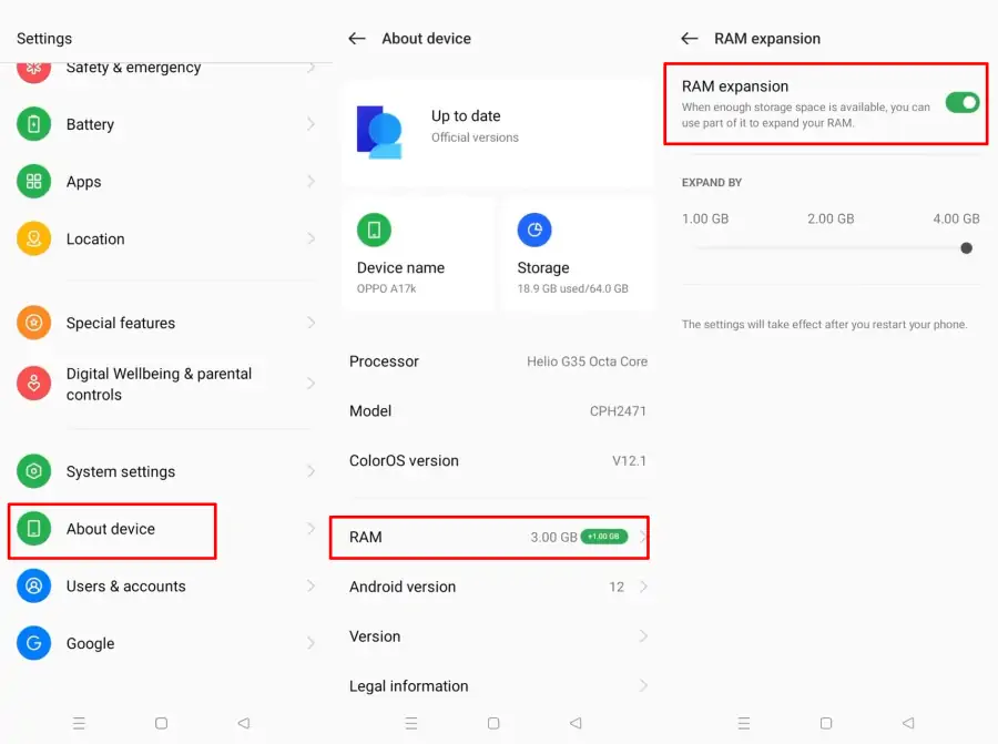 enable RAM Expansion on Oppo A17
